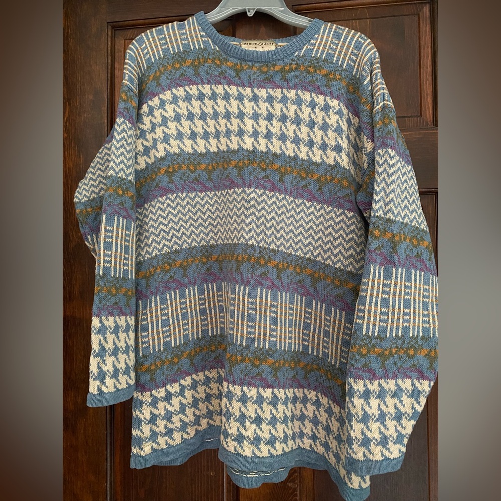 Vintage Woods And Gray Sweater Size Medium Purple Blue Zig Zag Houndstooth Plaid